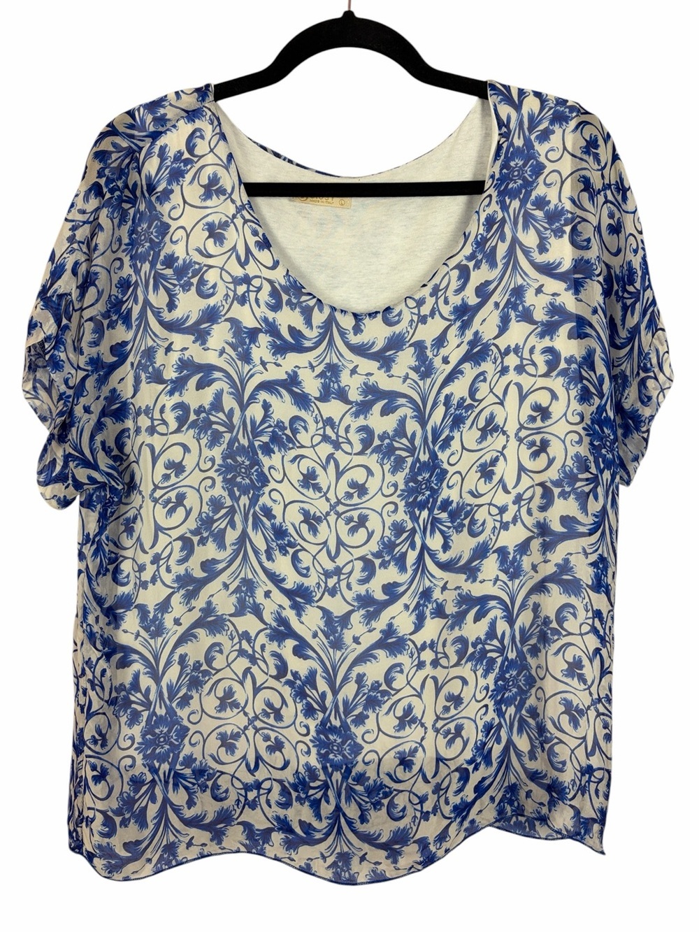 Giusy Made in Italy Silk Blend Blue White Baroque Print Layered Blouse Large